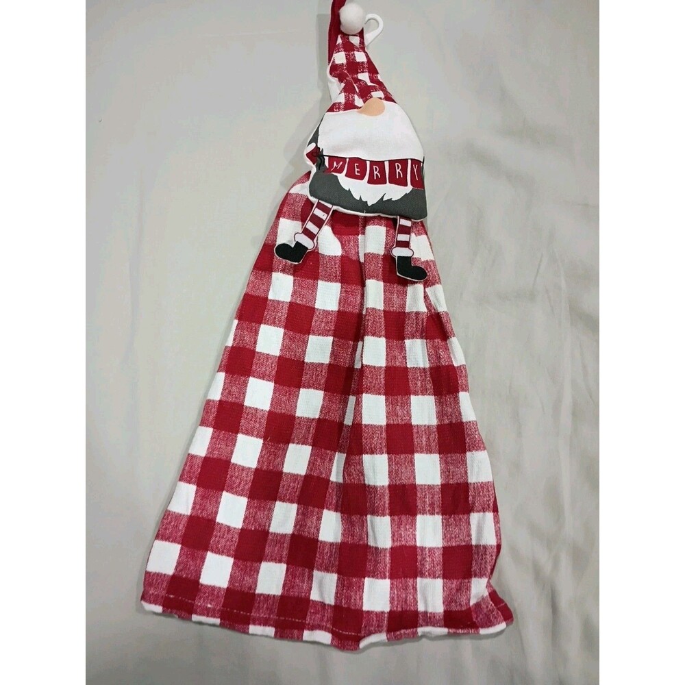 Gnome Decoratived Merry Christmas Hand Towel Red And White Checkered With Hook